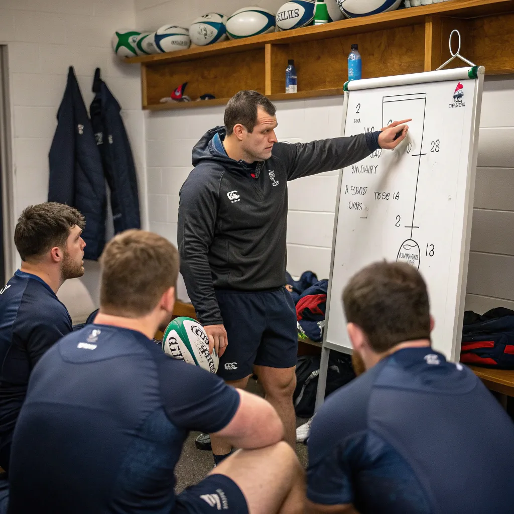 Michael O'Brien strategizing with his rugby team